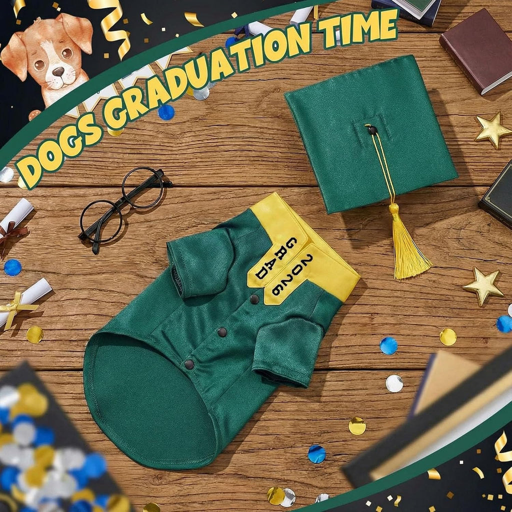 Huhumy 5 Pcs Dog Graduation Costume Set Include 2026 Pet Graduation Gown with Stole Puppy Grad Cap Lensless Glasses DIY Letter Stickers for Dogs Cats Holiday Costume Accessory(Green Yellow,S)
