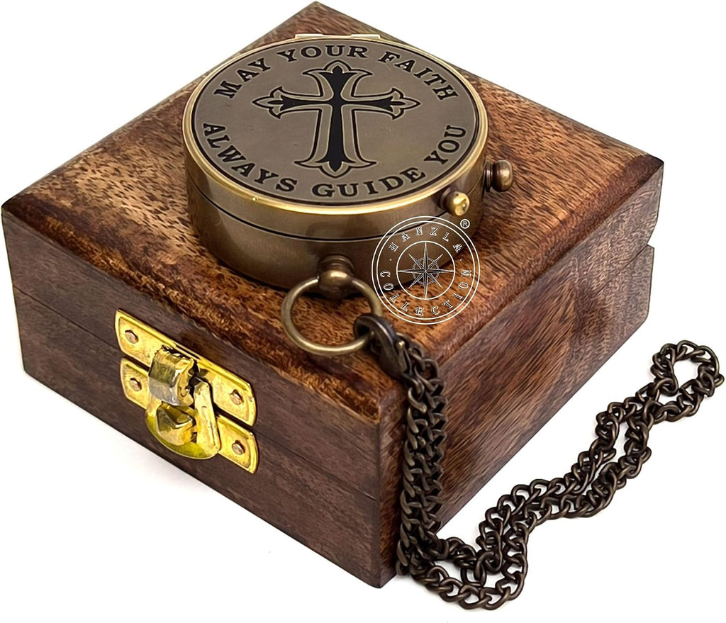 May Your Faith Always Guide You Pslam 32:8 Engraved Compass, Pocket Gift for Hiking, Religious Brass Compass with Wooden Box, Navigational Outdoor Compass Great Gift Item for Your Loved Ones