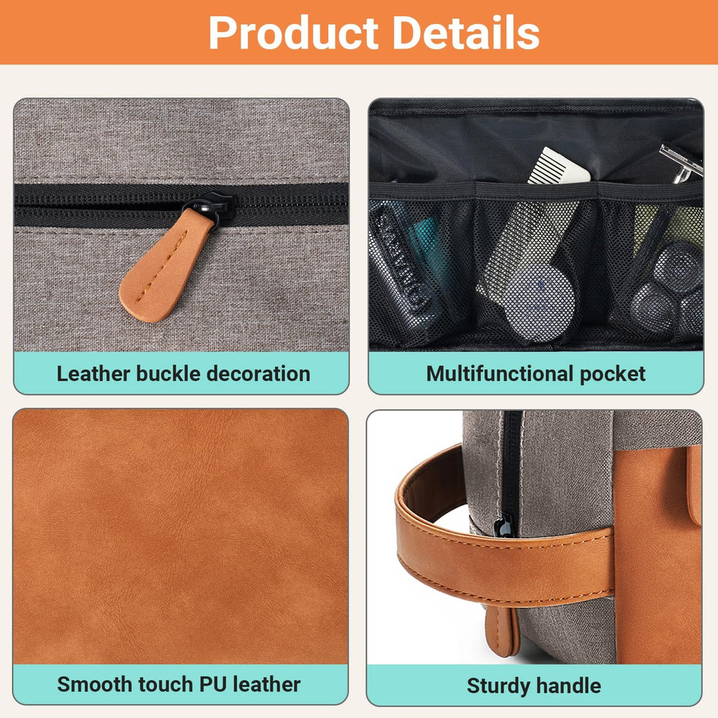 Elviros Men's Hanging Toiletry Bag, Water-Repellent PU Leather, Grey
