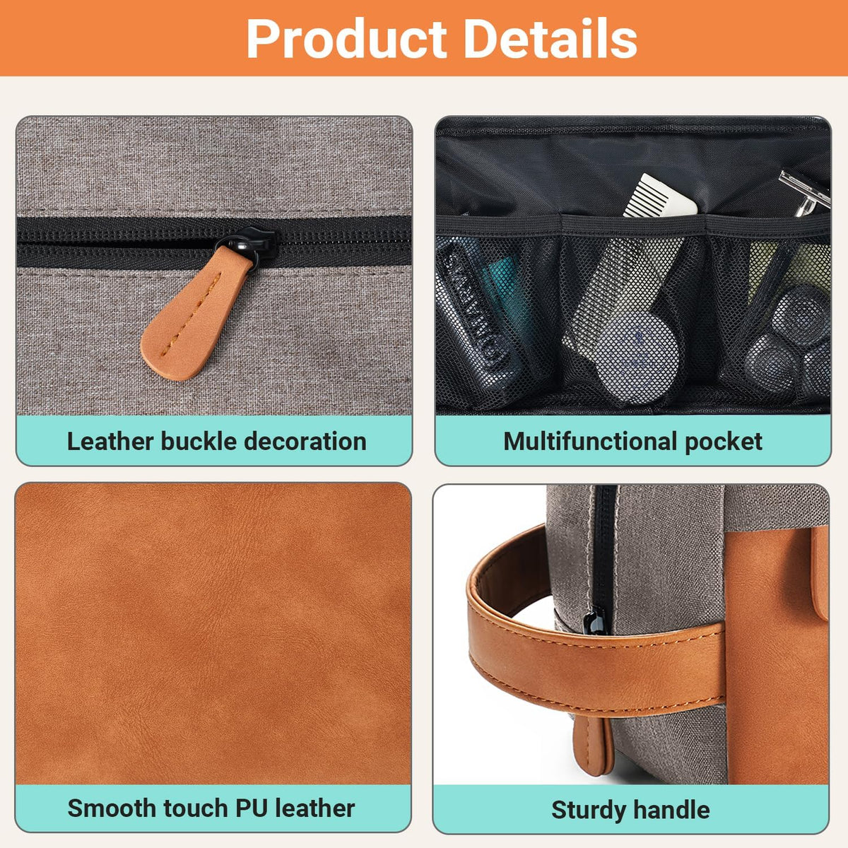 Elviros Men's Hanging Toiletry Bag, Water-Repellent PU Leather, Grey