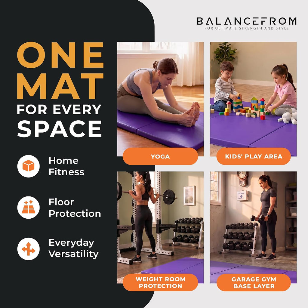 BalanceFrom 6x2 Feet 3-Panel Folding Gymnastics Mat – 1.5-Inch Thick Pad with Vinyl Surface and Carrying Handles for Tumbling, Yoga, Pilates, Home Workouts, and Martial Arts