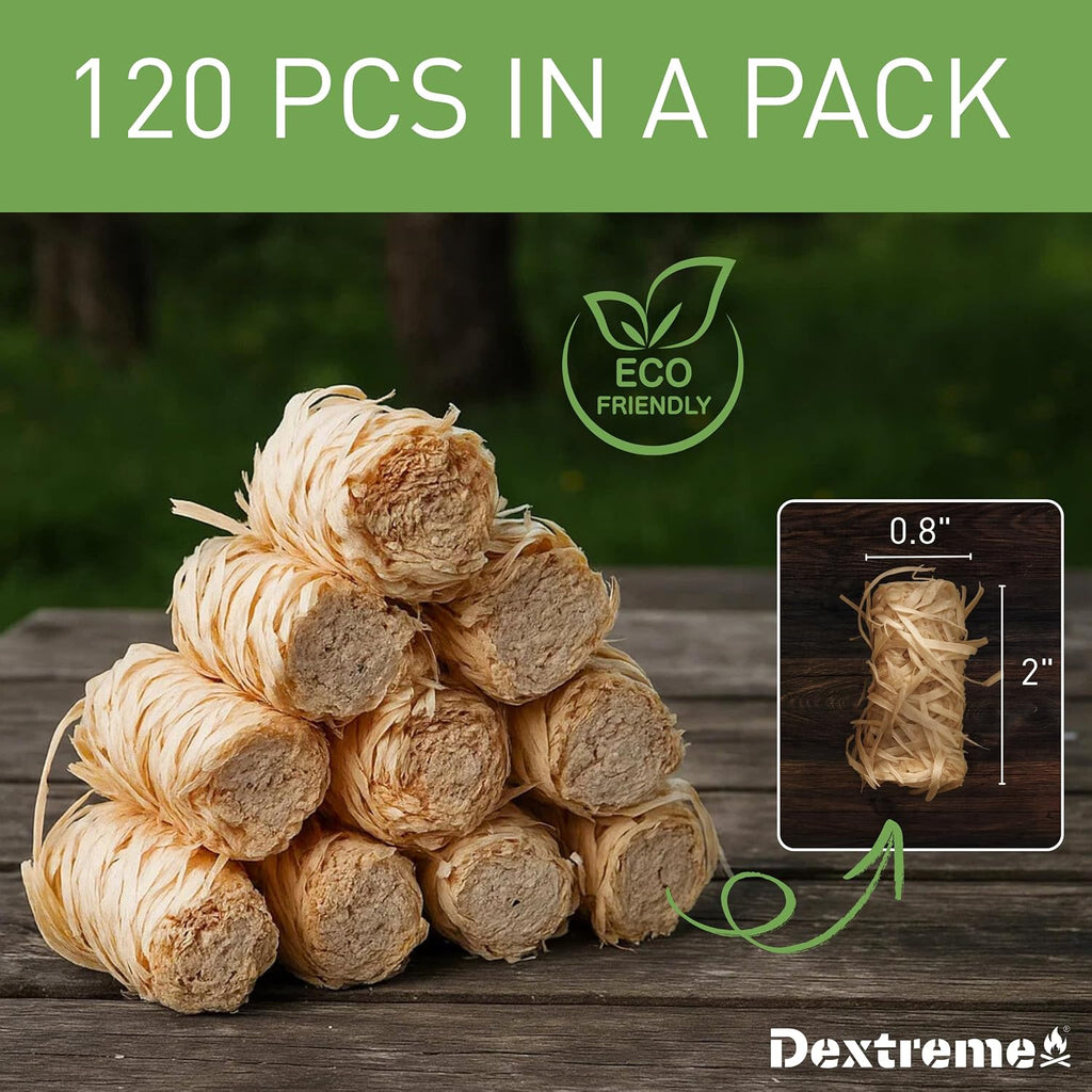 Dextreme Fire Starter (120 PCS) Natural Fire Starters for Campfire, Charcoal Starter, Fireplace, Wood Stove, BBQ, Chimney, Fire Pit, and Grill | All Weather, Odorless, Non-Toxic, w/10 Min Burning Time