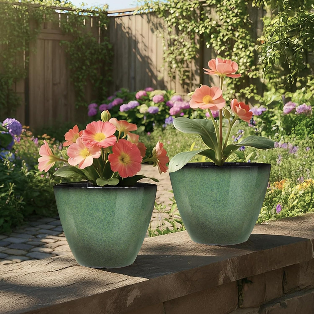 Vanslogreen 2 Pack Plant Pots for Indoor Outdoor Plants, 8 inch Plastic Flower Pots, Glazed Planter for Aloe, Herbs, Cactus (Green, 2pcs)