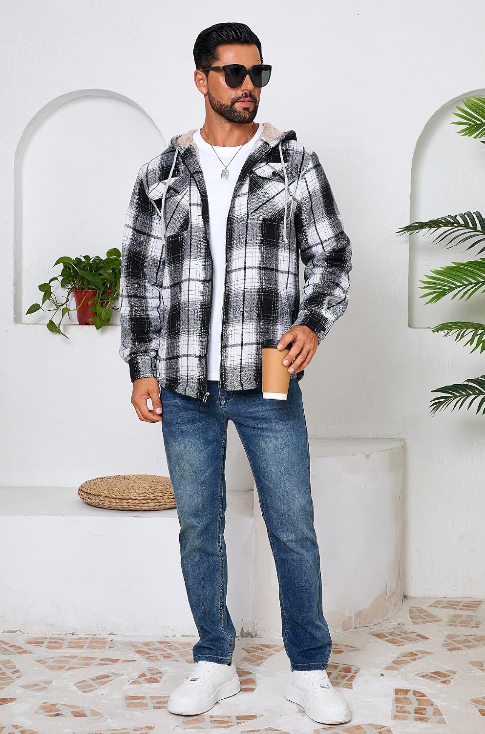 Men's Zip Up Flannel Shirt Jacket Fleece Lined with Hood