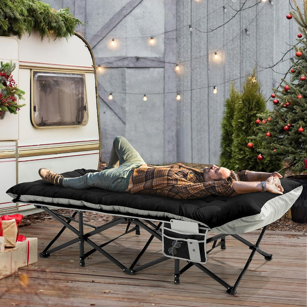Fragess Portable Camping Cot, 32" Extra Wide Camping Cots for Adults with Thick Mattress, Heavy Duty Sleeping Cot Holds Up to 600LBS, Cots for Sleeping, Rv, Beach, Patio, Office Naps(Black)