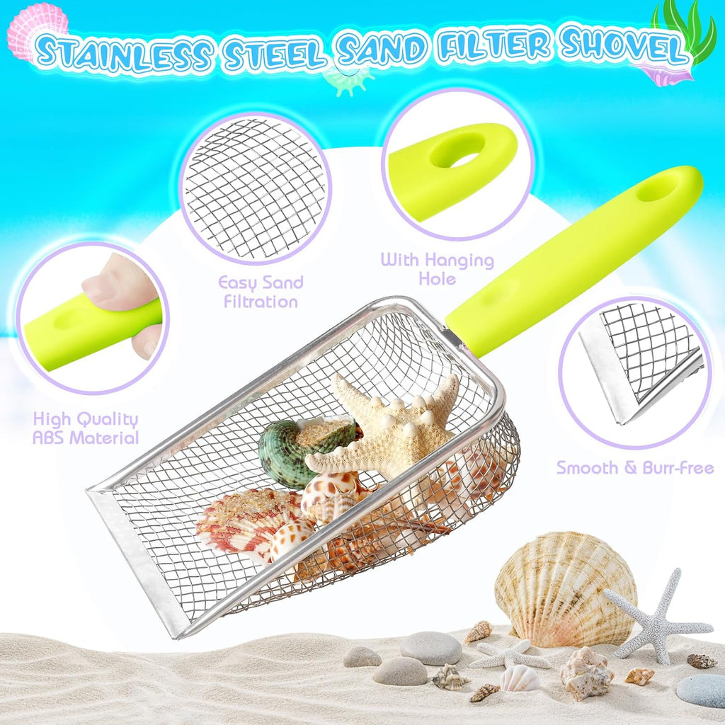 FHOZGECY 2 Pack Beachcombing Kit with Sifters for Beach Vacation Essentials | Collapsible Buckets, Stainless Mesh Sifters, Scoops and Mesh Bags for Shelling, Outdoor Exploration Play for Kids Ages 3-12