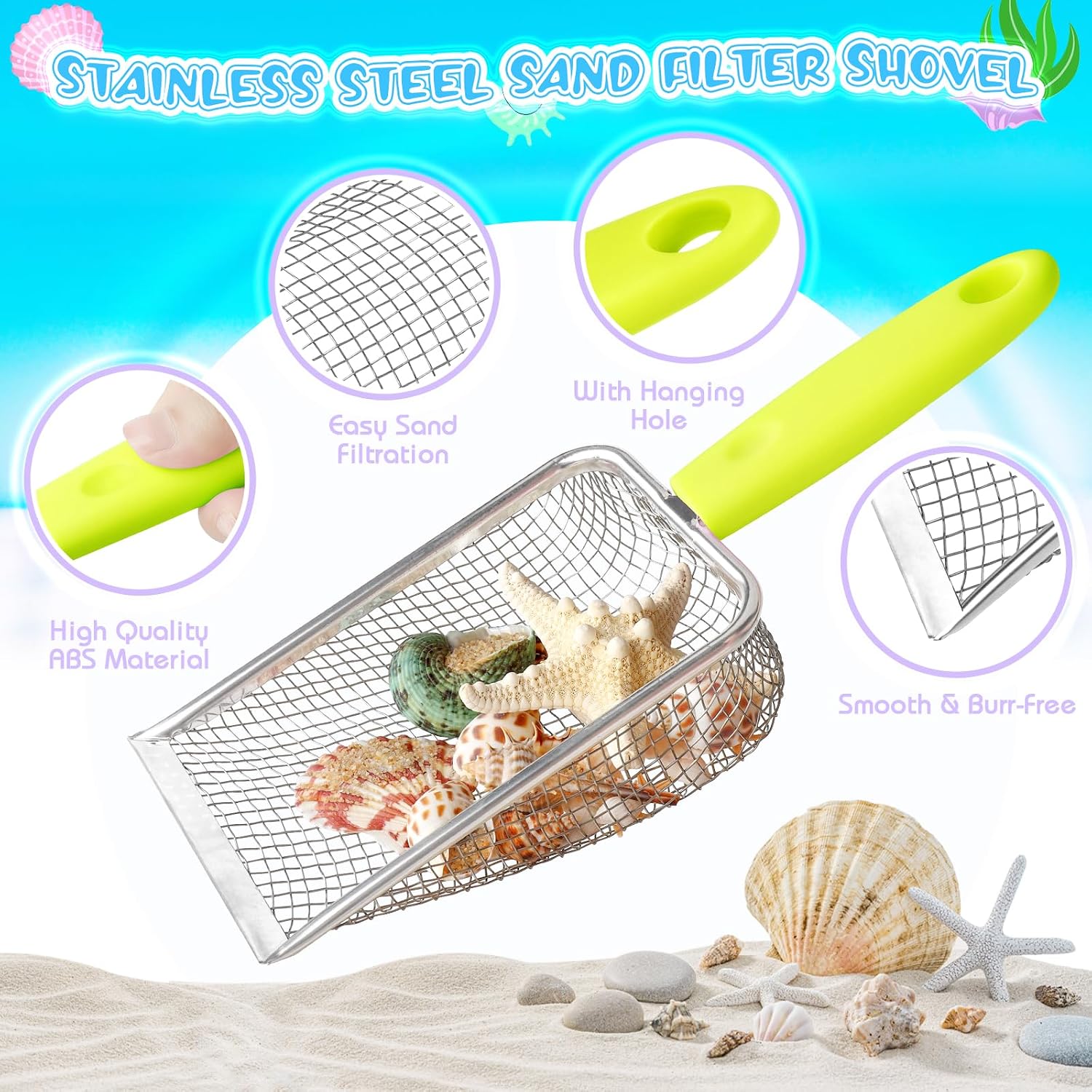 FHOZGECY 2 Pack Beachcombing Kit with Sifters for Beach Vacation Essentials | Collapsible Buckets, Stainless Mesh Sifters, Scoops and Mesh Bags for Shelling, Outdoor Exploration Play for Kids Ages 3-12