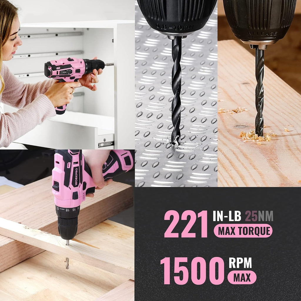 WORKPRO 12V Cordless Pink Drill Set for Women, Home Tool Kit with Tool box