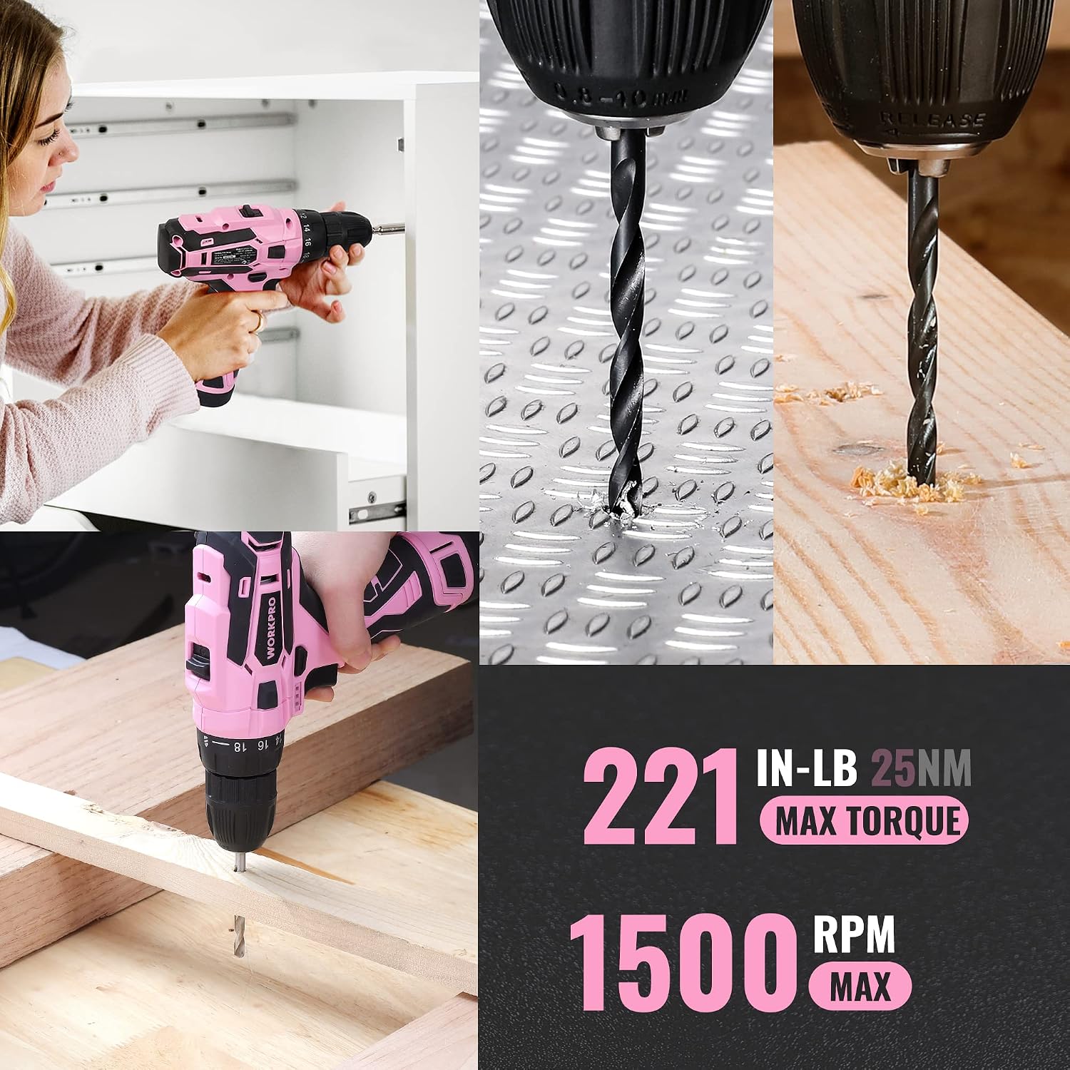 WORKPRO 12V Cordless Pink Drill Set for Women, Home Tool Kit with Tool box