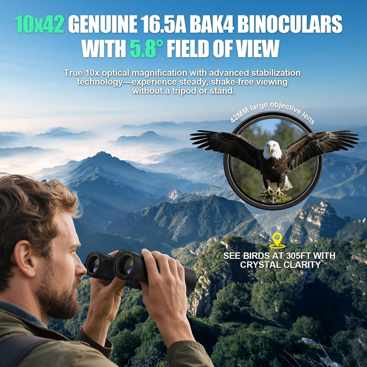 10x42 Binoculars with BAK4 Prism & FMC Coating - Waterproof Bird Watching Binoculars for Adults, Clear Daylight Vision for Hiking, Travel, Sports Events & Wildlife Observation