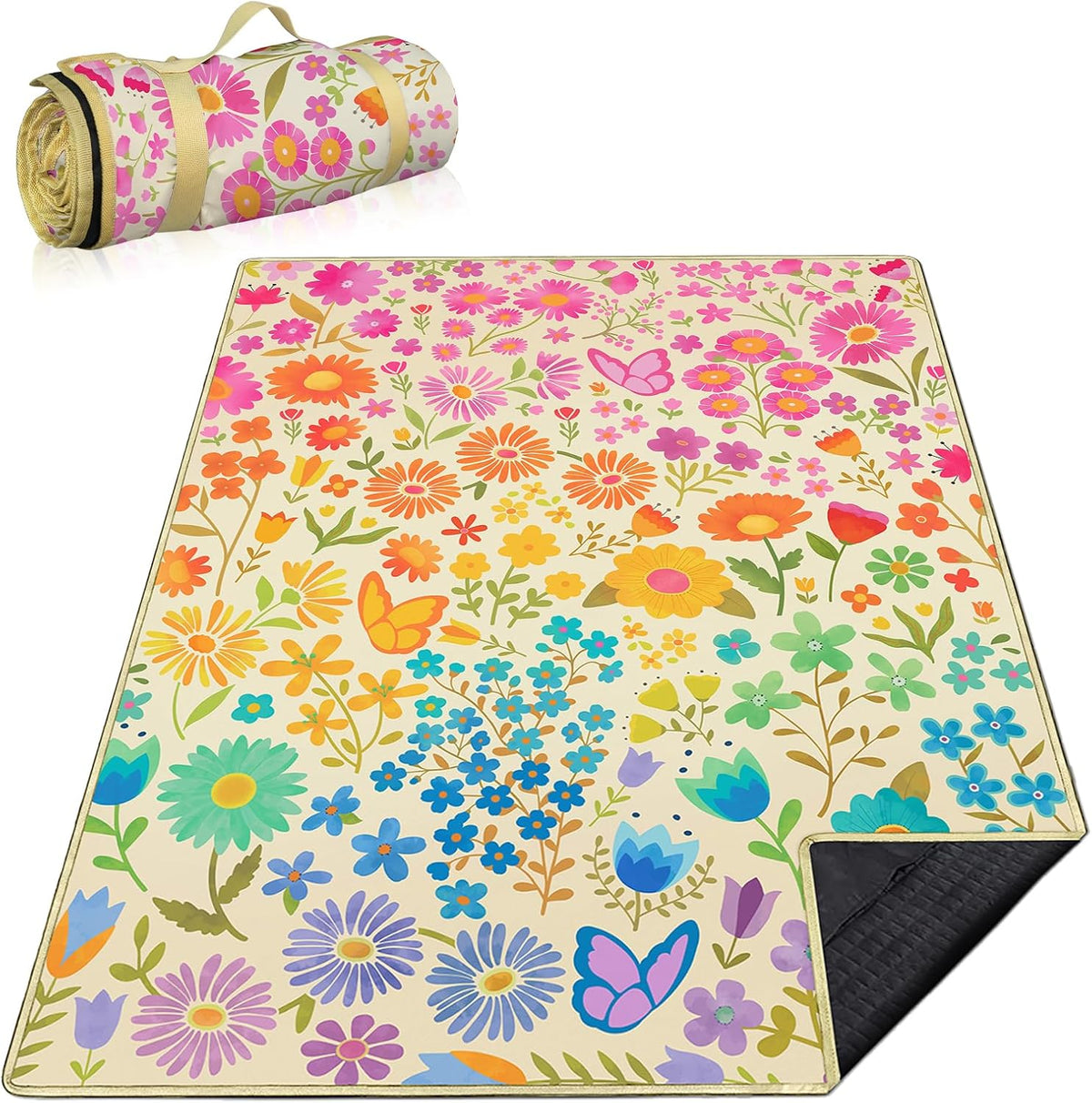 Floral Picnic Blankets Waterproof Foldable, 60″X80″ Packable Picnic Mat Flowers Outdoor Blanket for Grass, Large Beach Blanket Sandproof Picnic Accessories for Camping Music Festival Park Lawn Travel