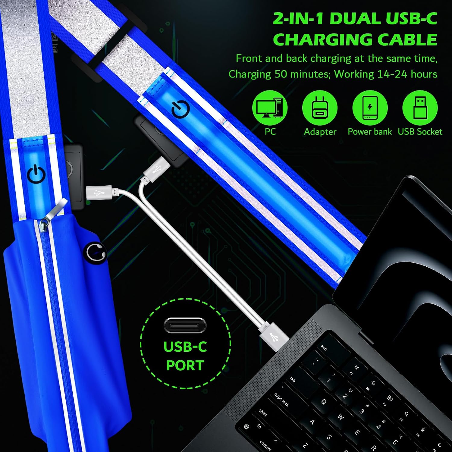 Ylzzrs Reflective Sash Gear for Walking at Night,LED Reflective Belt Safety Lights,Lights for Night Dog Walking,High Visibility Type-C Rechargeable with Phone Holder for Men Women