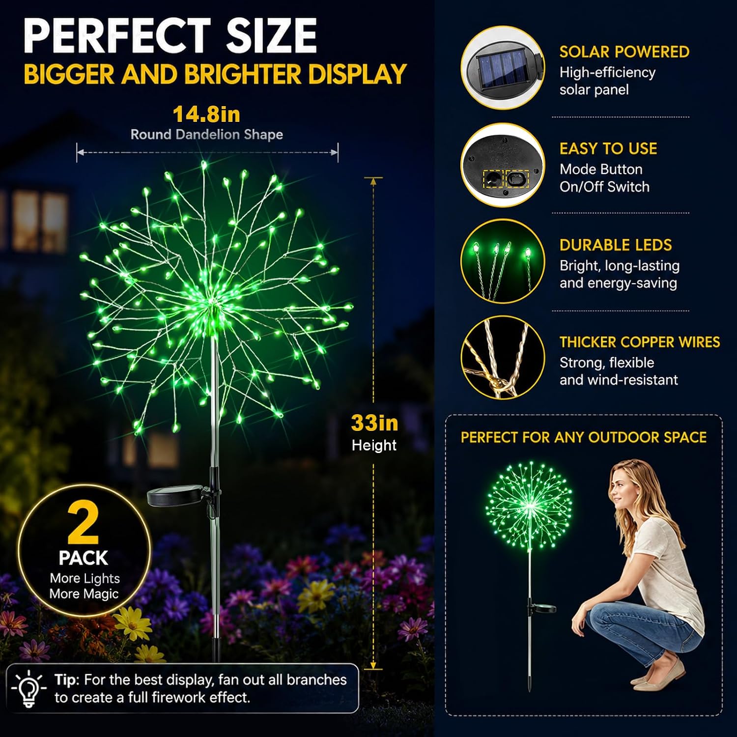 suddus Solar Garden Lights Outdoor - 150 LED Green Firework Lights Waterproof with 8 Modes, Solar Stake Lights Decorations for Outside Yard Pathway Flower Bed Halloween Decor (2 Pack)