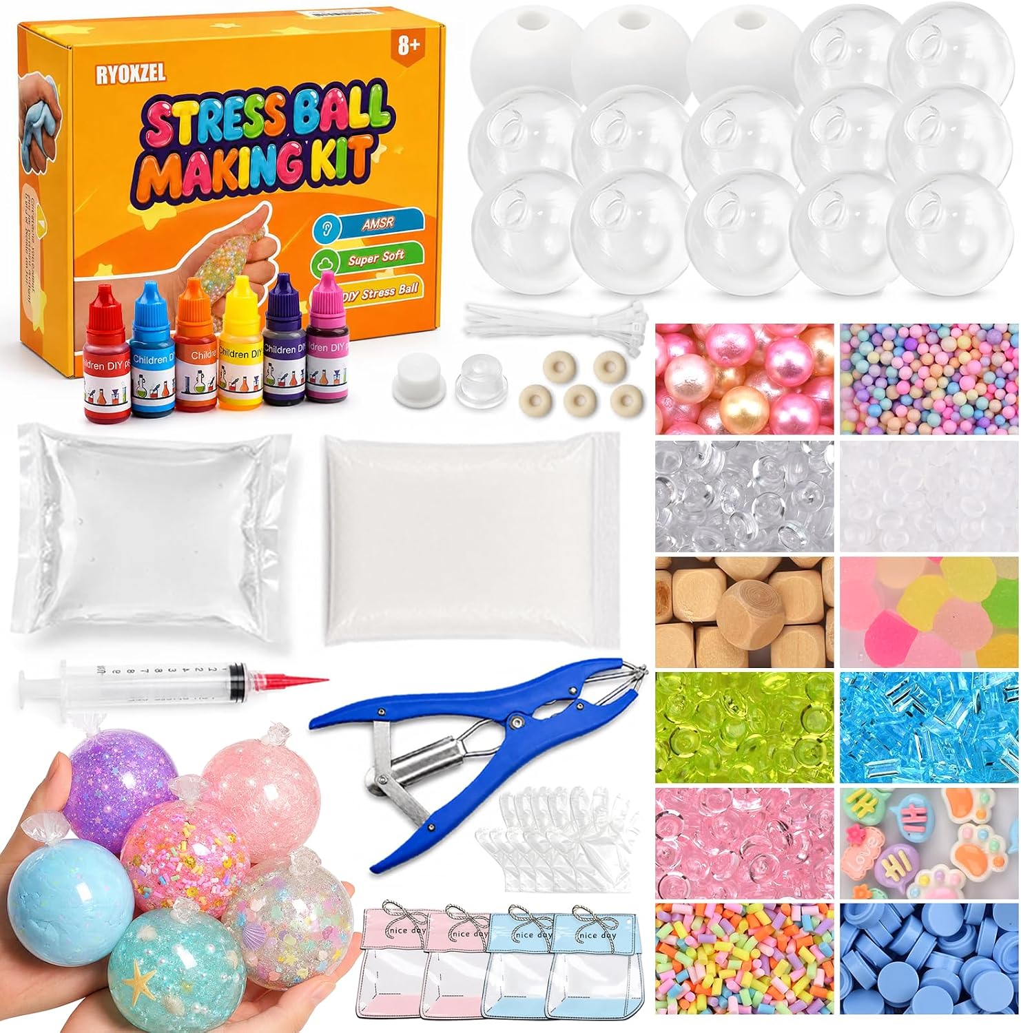 DIY Stress Ball Squishy Making Kit, Make Your Own Squishy Ball Craft Classroom Prize, 15 Empty Big Squishy Skins, 1.2 lb Fillers, 17.6 oz Slime, 3.5 oz Clay, Opening Plier, 6 Coloring, Gift-Ready