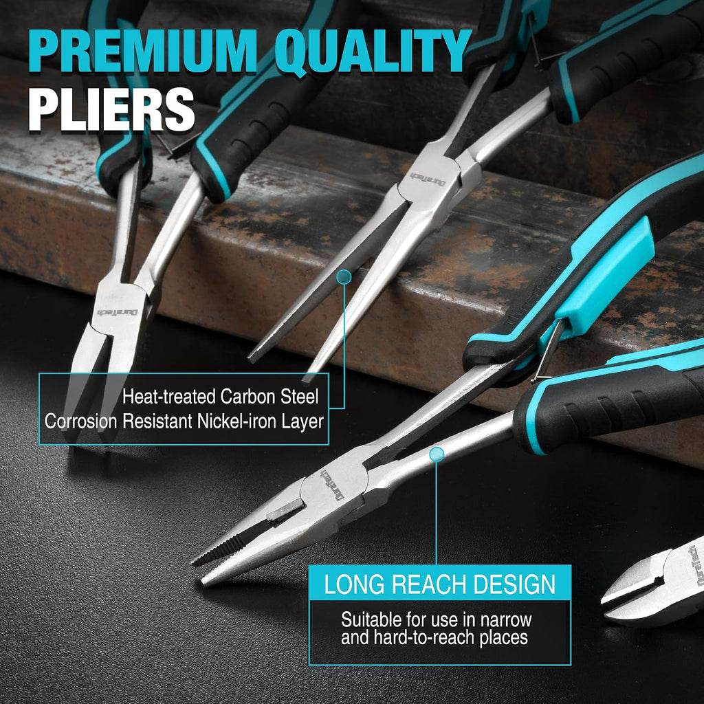 DURATECH 4PCS Long Reach Pliers Set with Pouch, Mini Extra Long Pliers Set