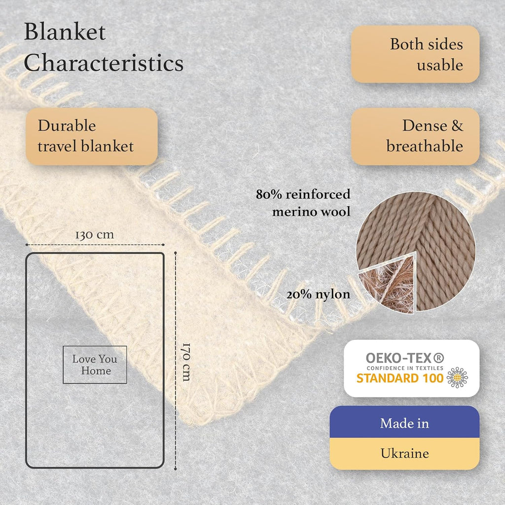 Merino Wool Outdoor Blanket, Travel & Camping Reversible Throw, 51 x 67 in