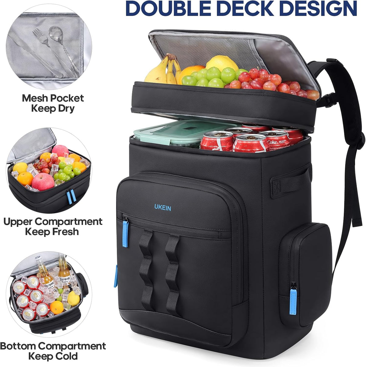 Backpack Cooler Insulated Leakproof 50Cans Lunch Ice Chest Bag Double Deck