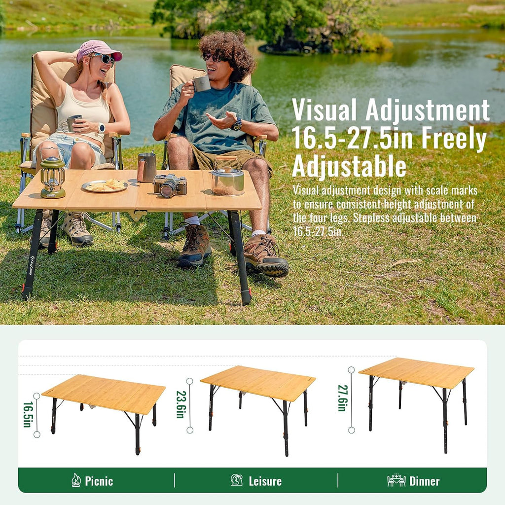 KingCamp Bamboo Folding Camping Table with Adjustable Height