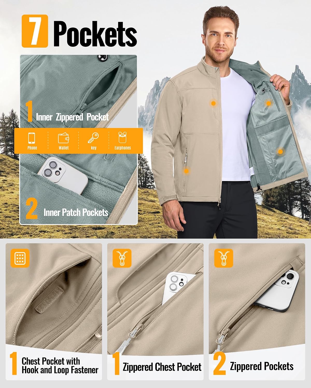 33,000ft Men's Lightweight Softshell Jacket Fleece Waterproof Windbreaker