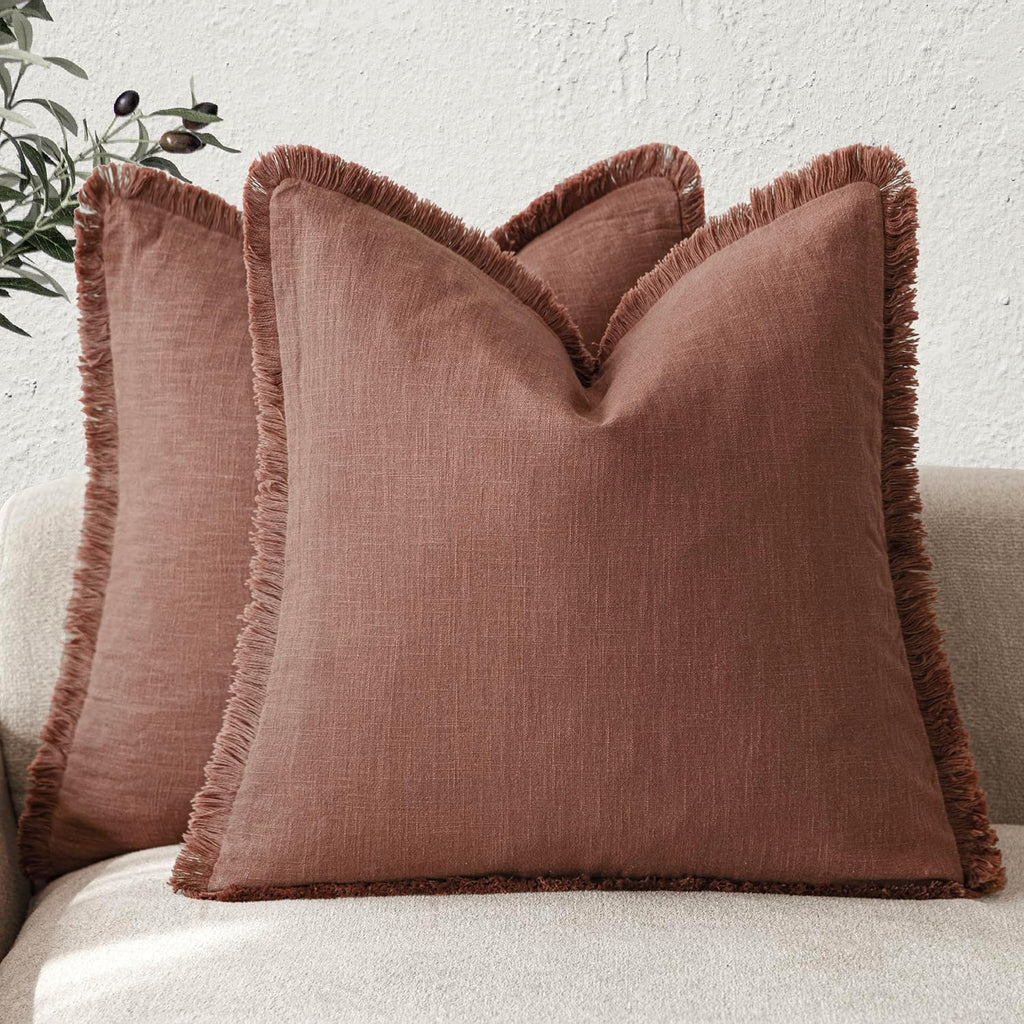 Foindtower Decorative Linen Fringe Throw Pillow Covers 20×20 Inch,Rust Red