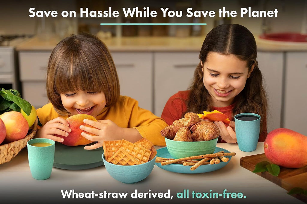 FOODLE Wheat Straw Dinnerware Set - RV, Camping, Picnic Plates Cups & Bowls