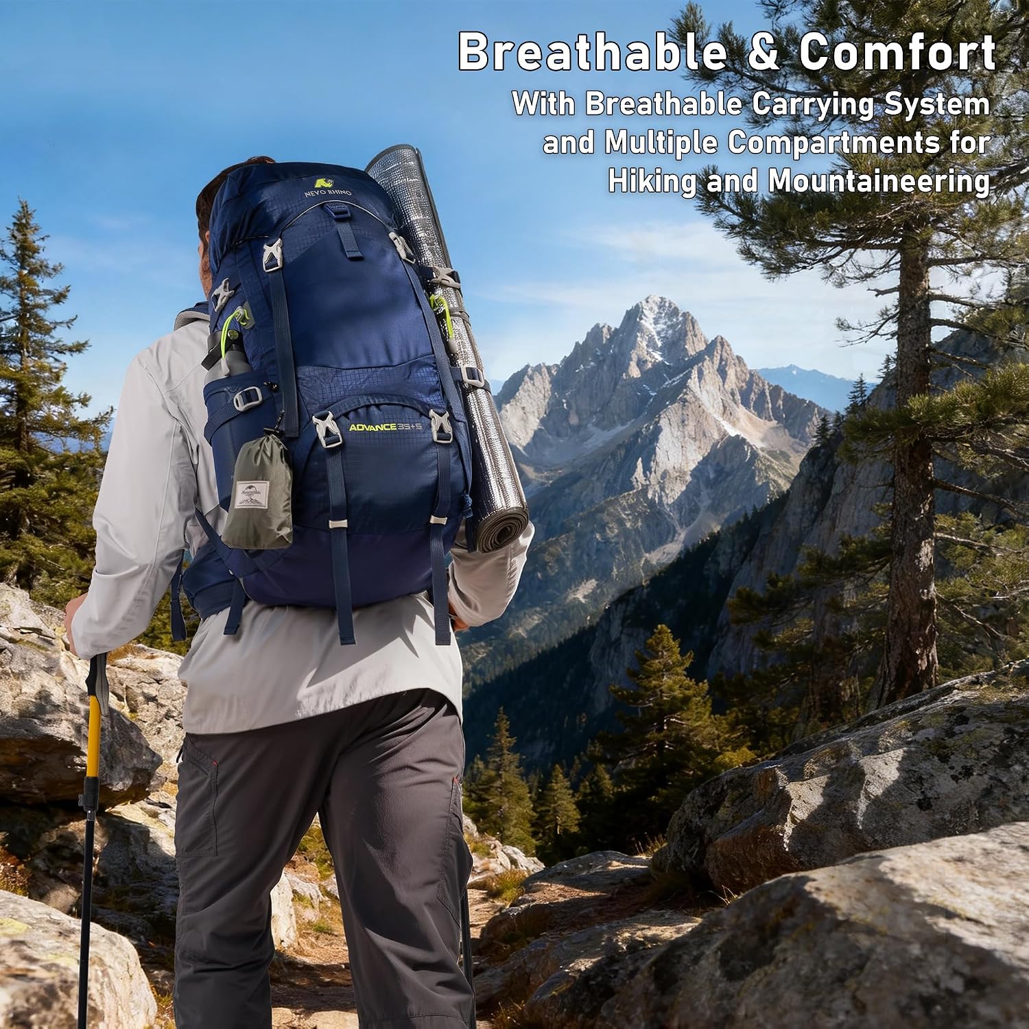 N NEVO RHINO 40L Internal Frame Hiking Backpack with Rain Cover
