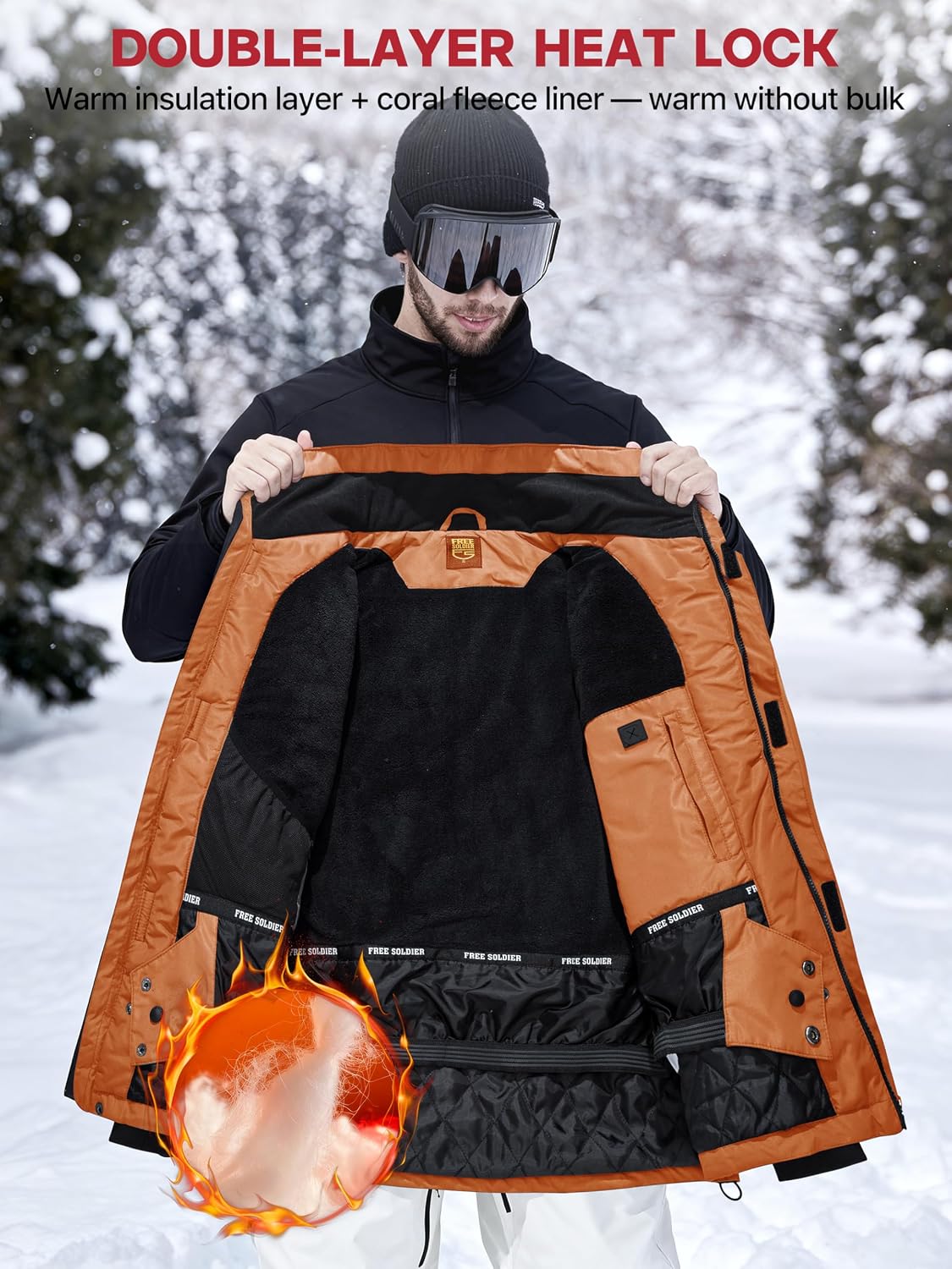 FREE SOLDIER Men's Waterproof Ski Jacket Fleece Lined Warm Winter Snow Coat with Hood Fully Taped Seams