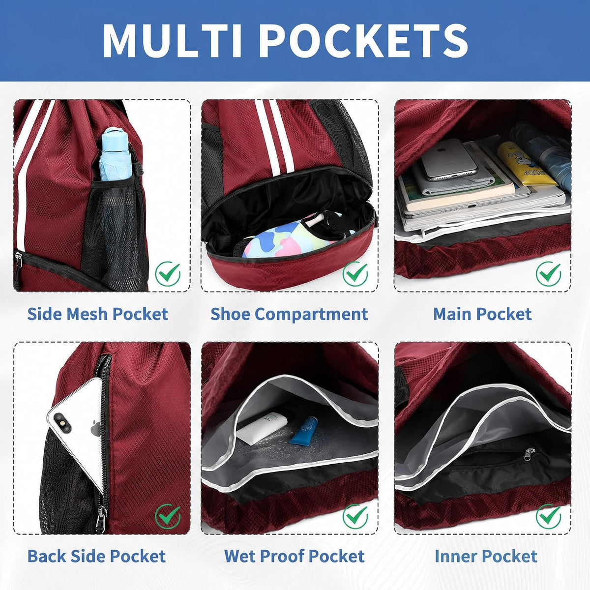 JELUTAR Drawstring Backpack Gym Bag with Shoes Compartment, Burgundy
