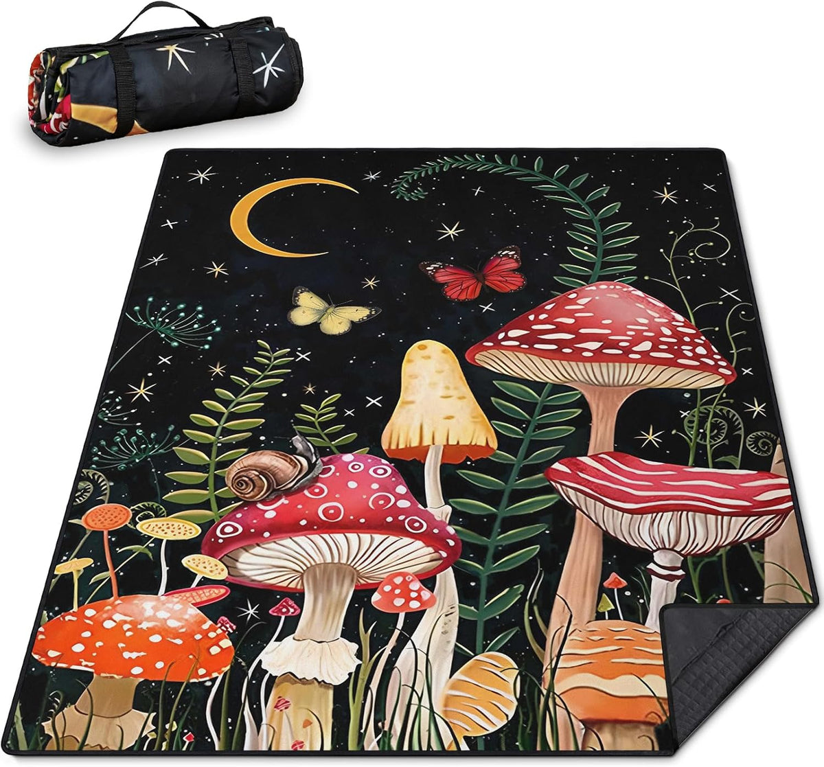 Mushroom Picnic Blankets Waterproof Foldable Picnic Outdoor Blanket 80"x 60" Picnic Mat 3-Layer Thicking Outdoor Foldable Blankets Sandproof Lightweight Beach Blankets with Strap Machine Washable