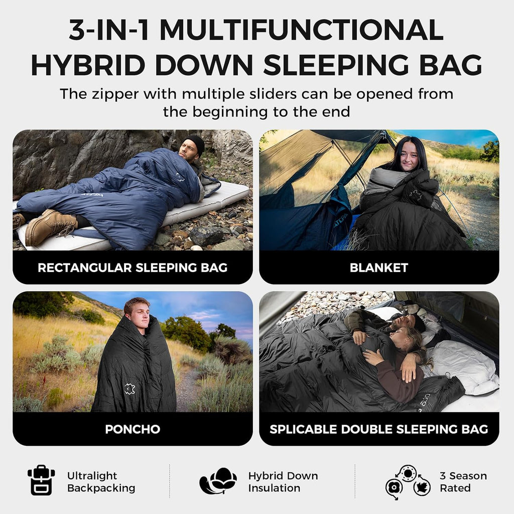 ATEPA 3-in-1 Hybrid Down Sleeping Bag, with Pad Attachment