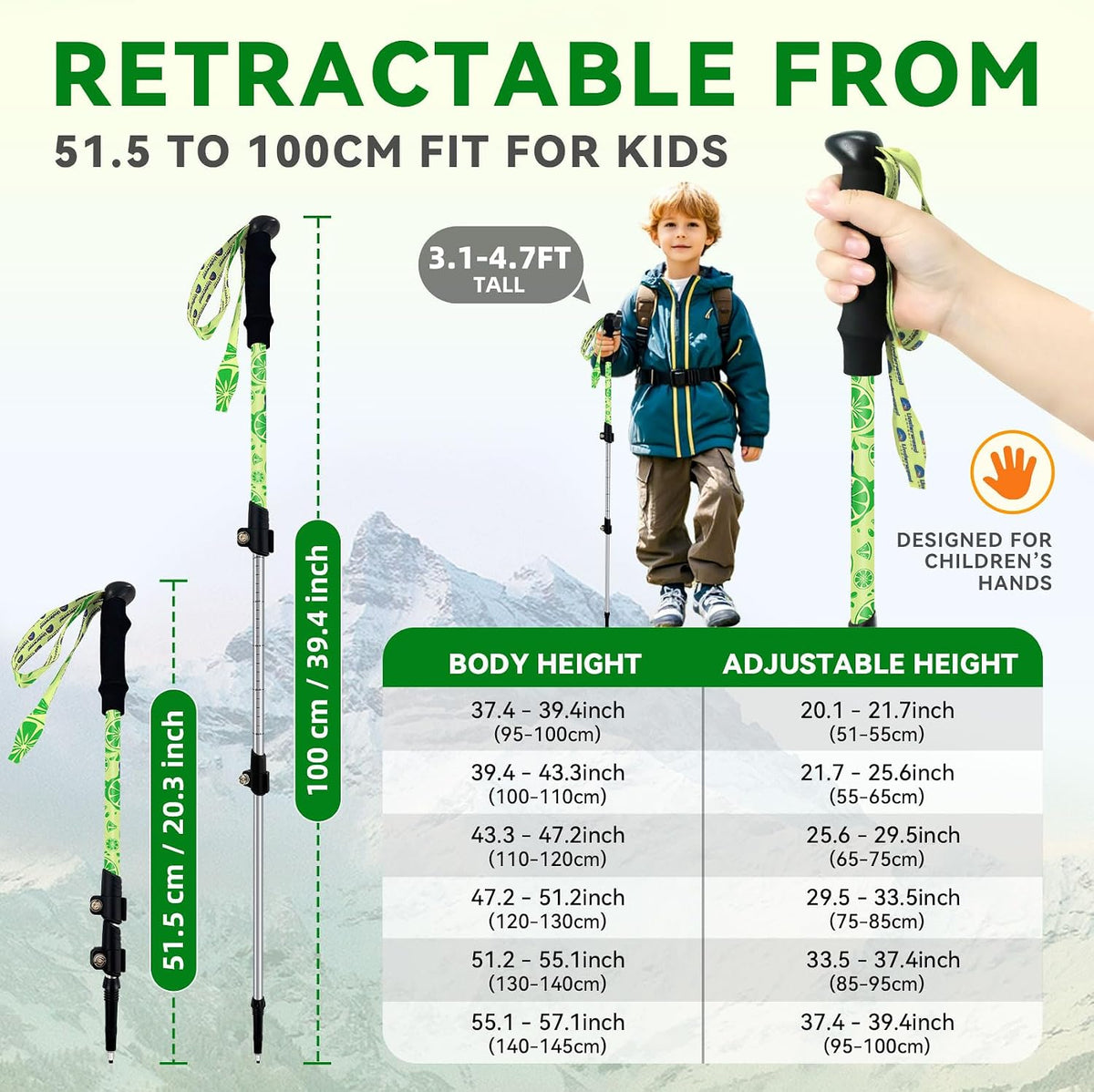 Lightweight Kids Trekking Poles, Collapsible Aluminum Hiking Sticks 2 Pack