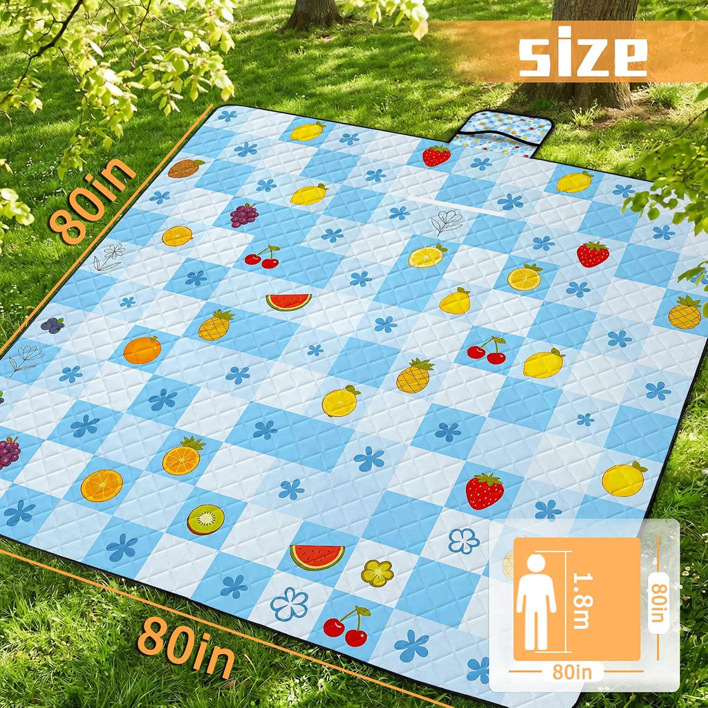 Picnic Blankets Outdoor Blanket,80"x 80" Extra Large Waterproof Sandproof Foldable Beach Blanket Grid Picnic Mat for Camping,Lawn,Park(Light Blue)