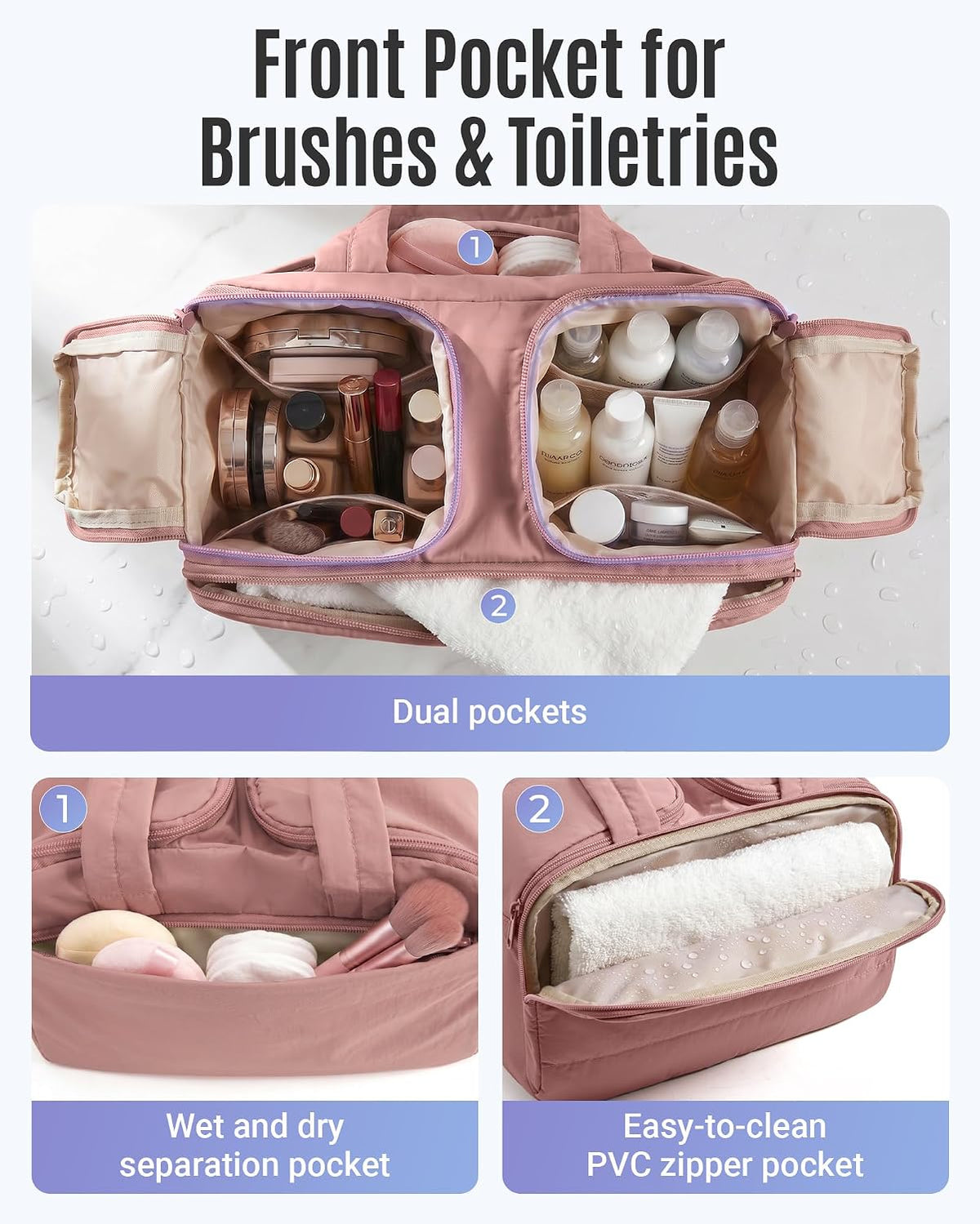 LIGHT FLIGHT Travel Toiletry Bag, Quilted Travel Makeup Cosmetic Bag Organizer, Toiletry Bags for Traveling Women, Make up Bag with Handle, Brown