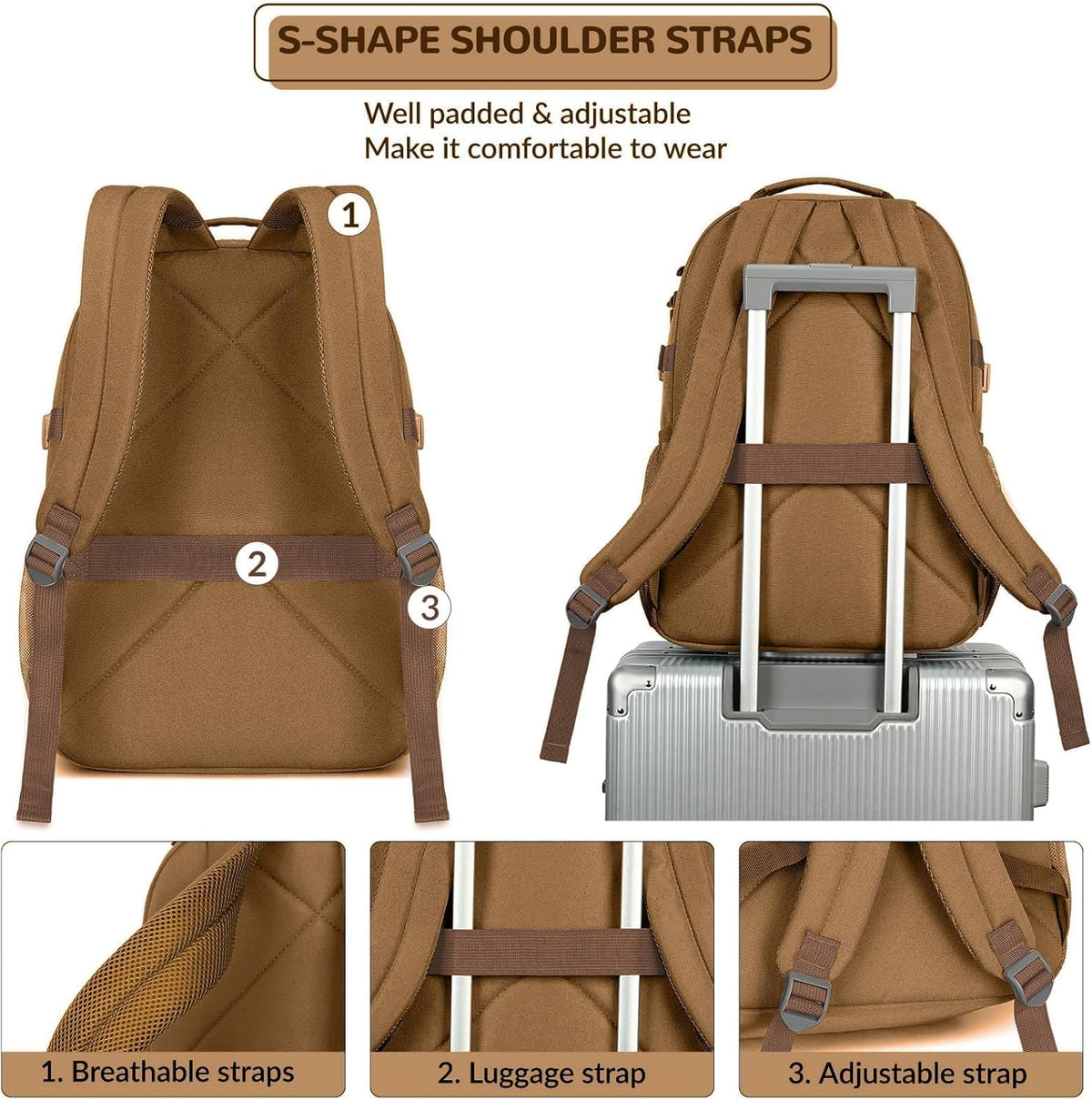 Lohol Water Resistant Backpack for School Travel College Travel, Large Bookbag with Mulitiple Pockets for Men and Women (Brown)