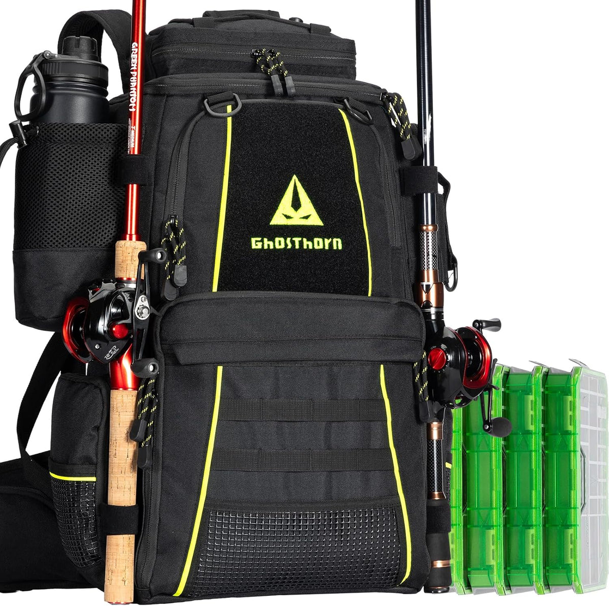 Ghosthorn 43L Fishing Tackle Backpack with 4 Tackle Boxes & Rod Holder