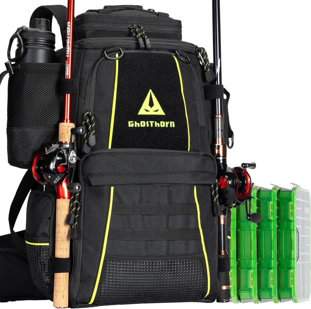 Ghosthorn 43L Fishing Tackle Backpack with 4 Tackle Boxes & Rod Holder