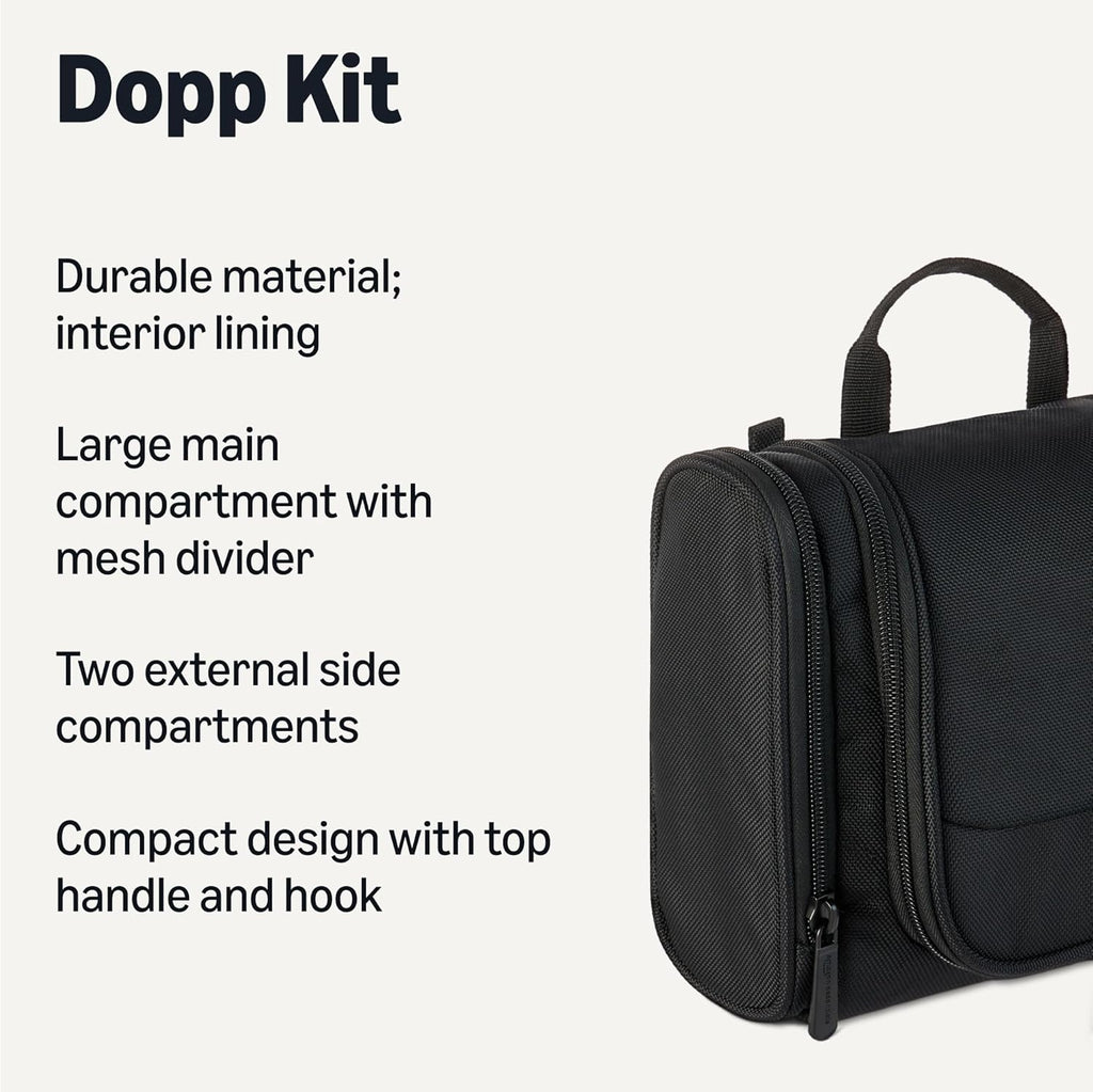 Amazon Essentials Spacious Toiletry Bag, Hanging Cosmetic Dopp Kit with Multiple Compartments, Durable Polyester, Large Capacity Storage, Compact Design, Black (Previously Amazon Basics)