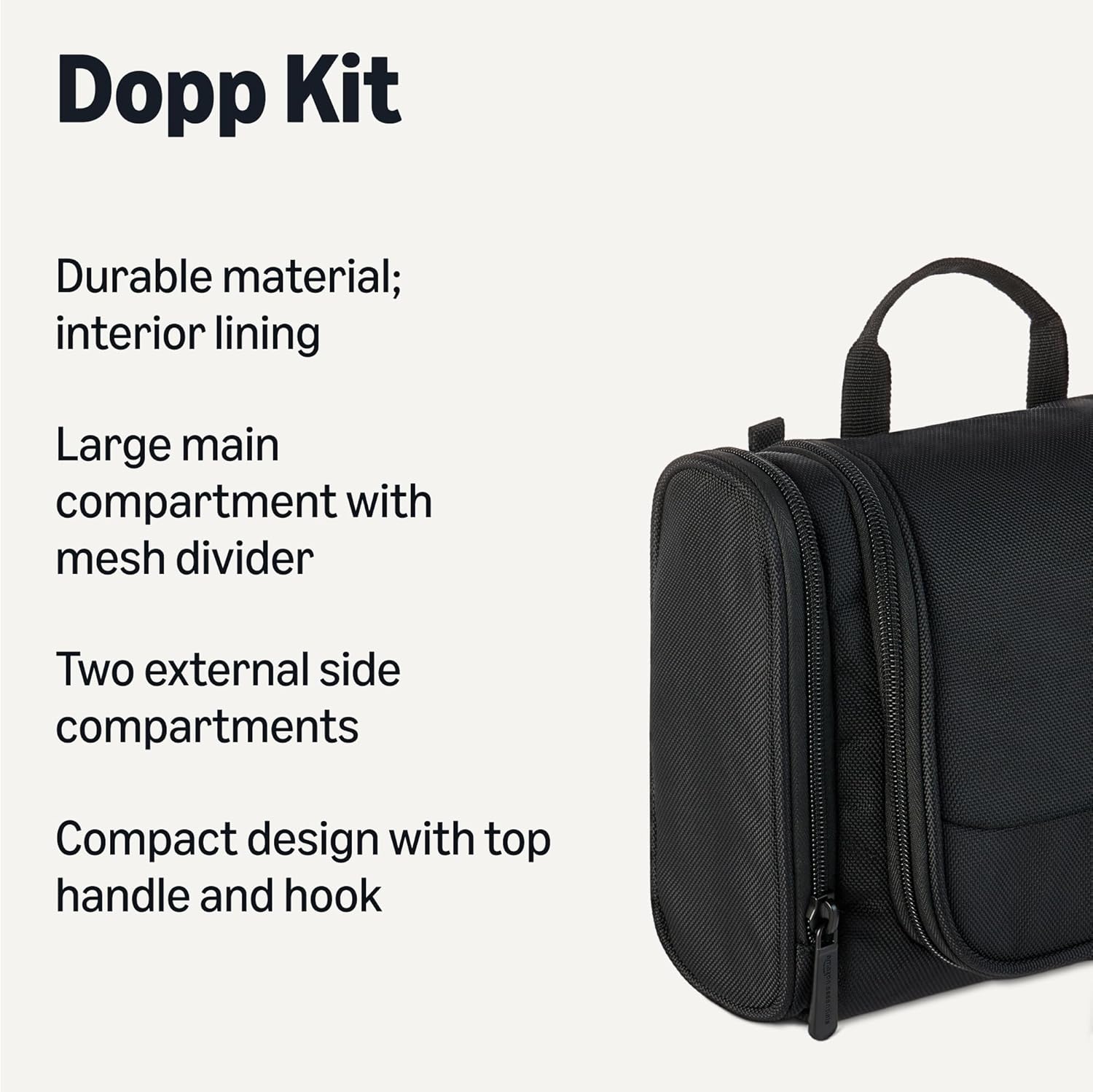 Amazon Essentials Spacious Toiletry Bag, Hanging Cosmetic Dopp Kit with Multiple Compartments, Durable Polyester, Large Capacity Storage, Compact Design, Black (Previously Amazon Basics)