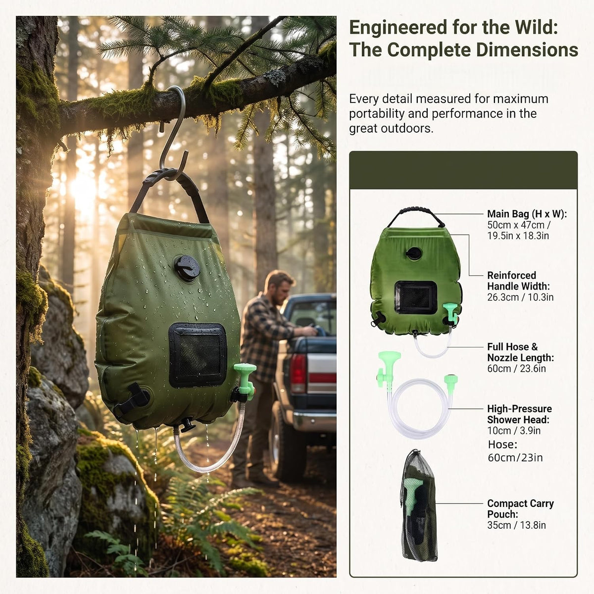 5-Gallon Solar Shower Bag with Real-Time Temp Display - Fast Heating in 20 Mins - Lightweight 0.99lbs Portable Camp Shower for Short Trips & Emergency Backup