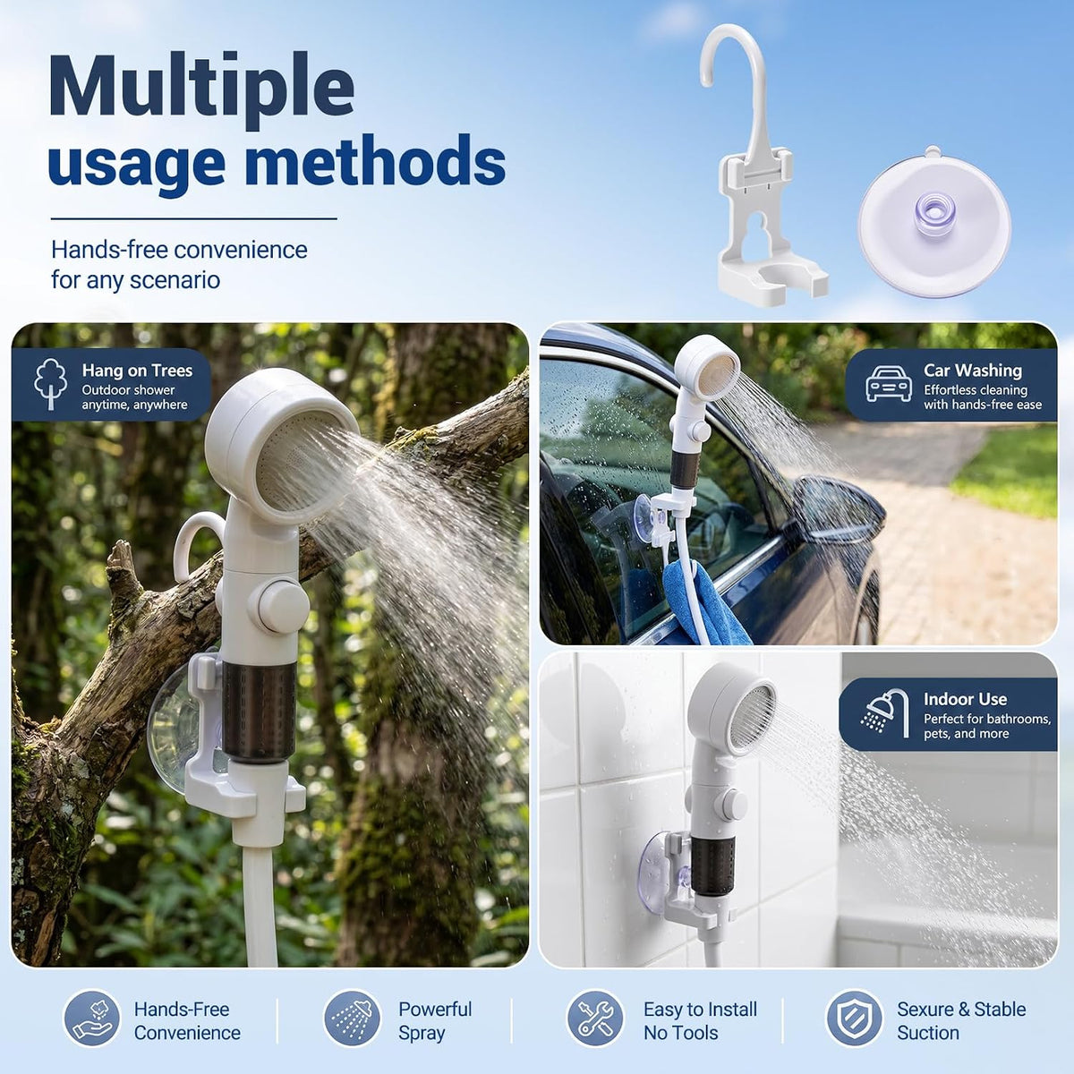 Portable camping shower, 6000mAh rechargeable shower, high-pressure shower, with intelligent LED display, four spray modes, IPX7 waterproof outdoor camping pump, suitable for hiking, cars, pets