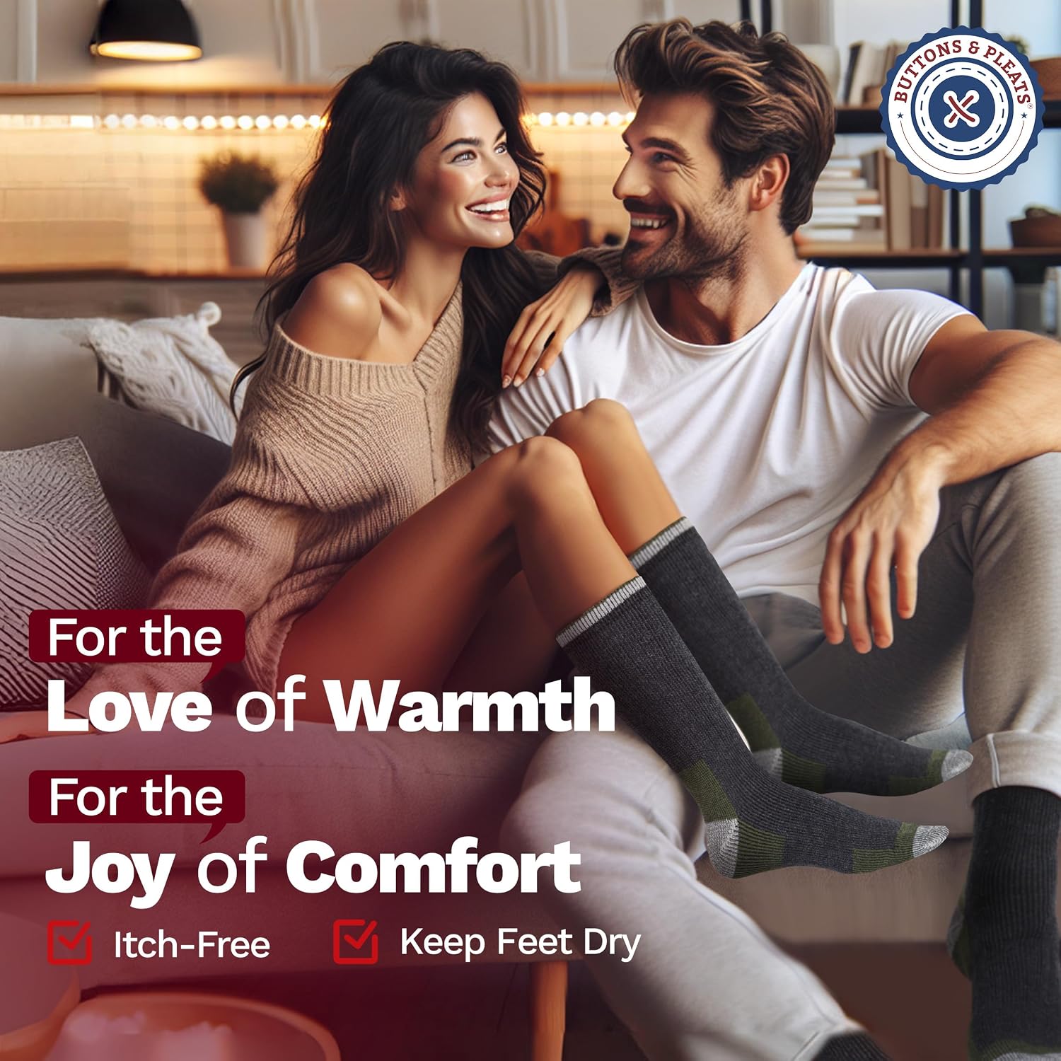 Buttons & Pleats Wool Socks for Men & Women Merino Thermal Warm Cozy Winter Boot Sock