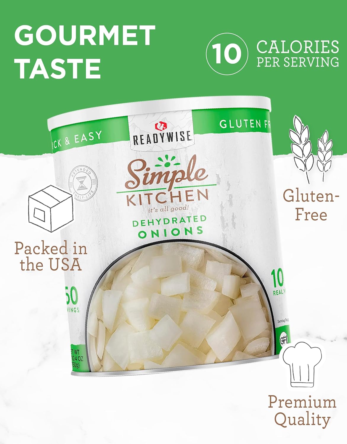 Simple Kitchen Dehydrated Chopped Onions - 250 Servings for Emergency Meal Prep, Gluten Free & Freeze Dried Survival Just Add Water Canned Food, for Camping Meals, Backpacking & Hiking, #10 Can Package