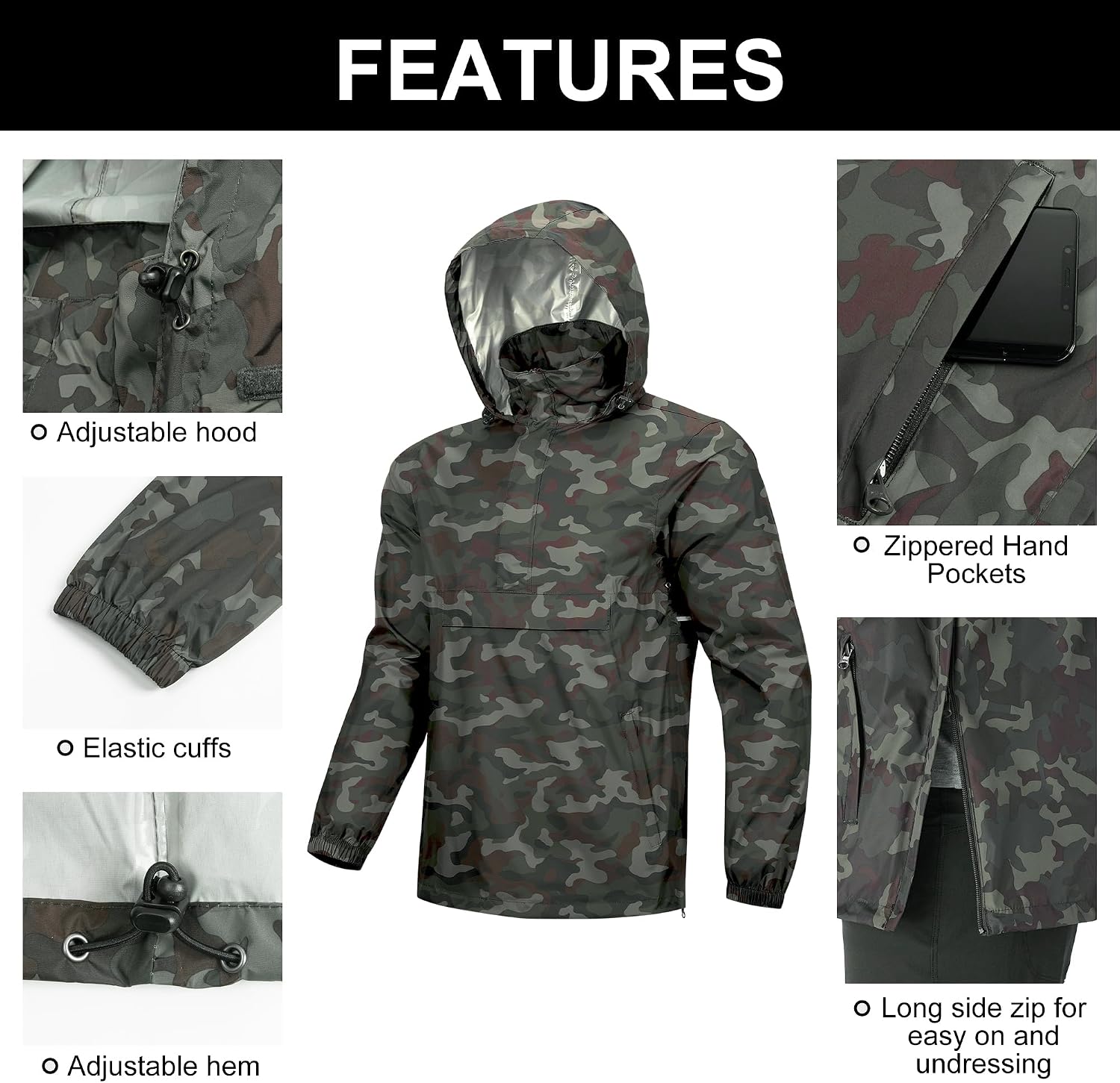 Outdoor Ventures Men's Rain Jacket Waterproof Lightweight Packable Pullover