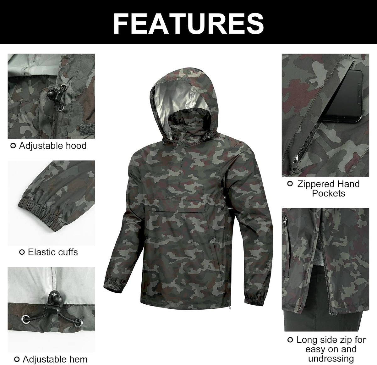 Outdoor Ventures Men's Rain Jacket Waterproof Lightweight Packable Pullover