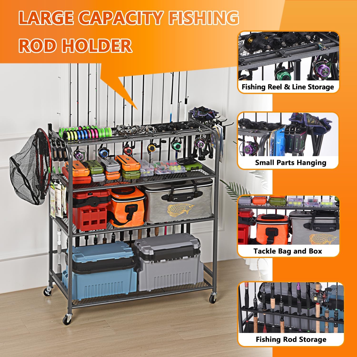 Heavy Duty Fishing Rod Rack, Fishing Organizer for Garage, Fishing Gear Holder for Garage with Movable Wheels