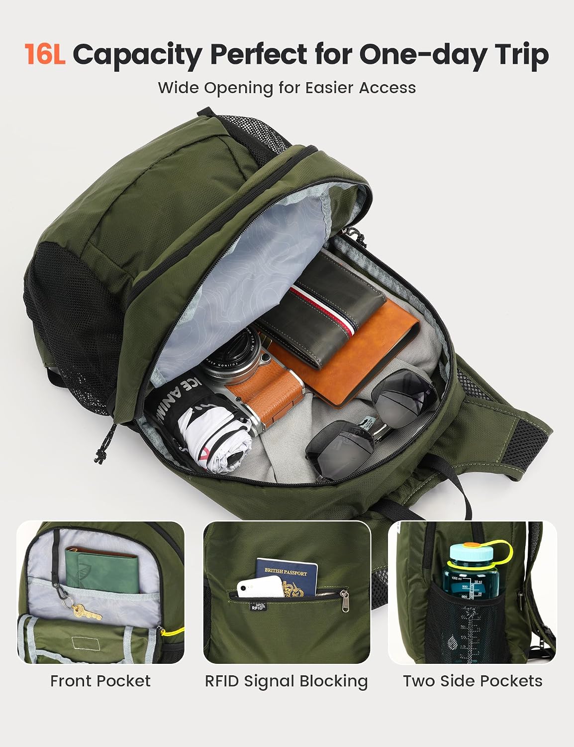 SKYSPER Hiking Backpack Ultralight Packable RFID Travel Daypack Small Nylon Stuff Pack 16L Outdoor Bag for Women Men