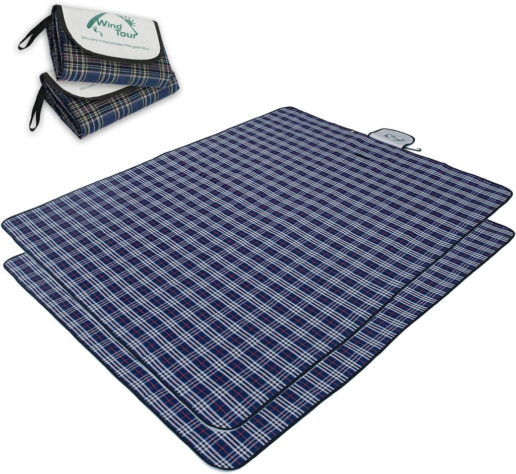 Wind Tour Waterproof Picnic Blanket with Carry Strap - Foldable Sandproof Outdoor Mat for Camping, Beach, Park - 59" x 71",Navy Blue(Two Mat Set)