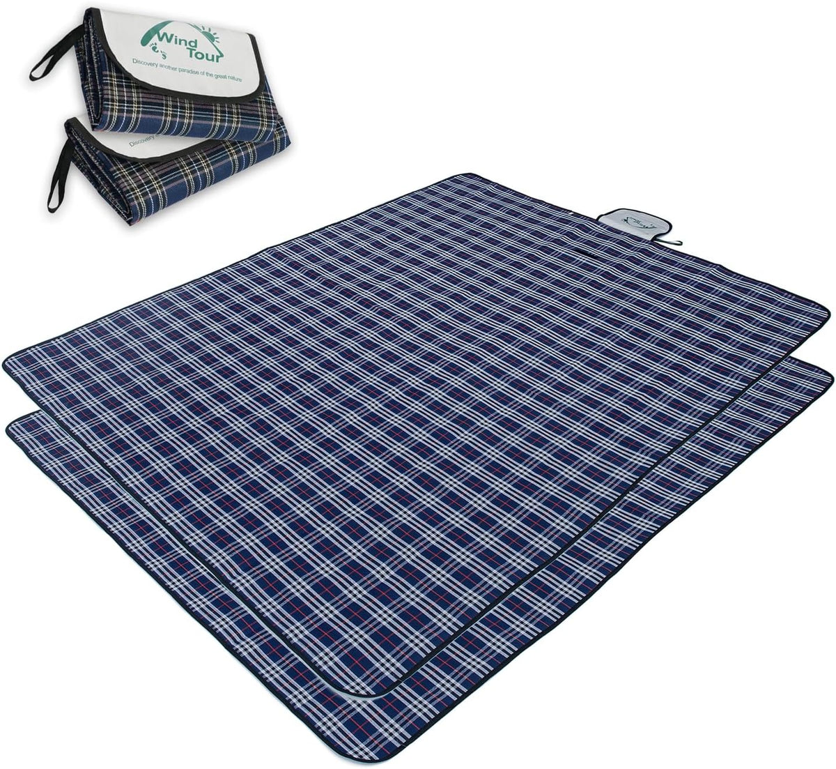 Wind Tour Waterproof Picnic Blanket with Carry Strap - Foldable Sandproof Outdoor Mat for Camping, Beach, Park - 59" x 71",Navy Blue(Two Mat Set)