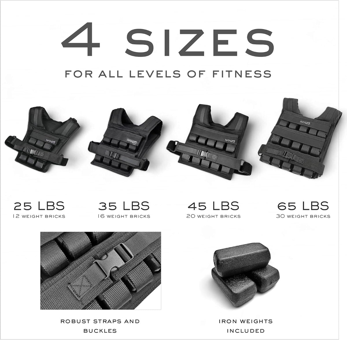HANZO Weighted Vest for Men & Women 25lbs | 35lbs | 45lbs | 65lbs | Weight Vest With Removable Iron Weights, Adjustable Heavy Duty Weighted Workout Vest for Calisthenics & Fitness Training