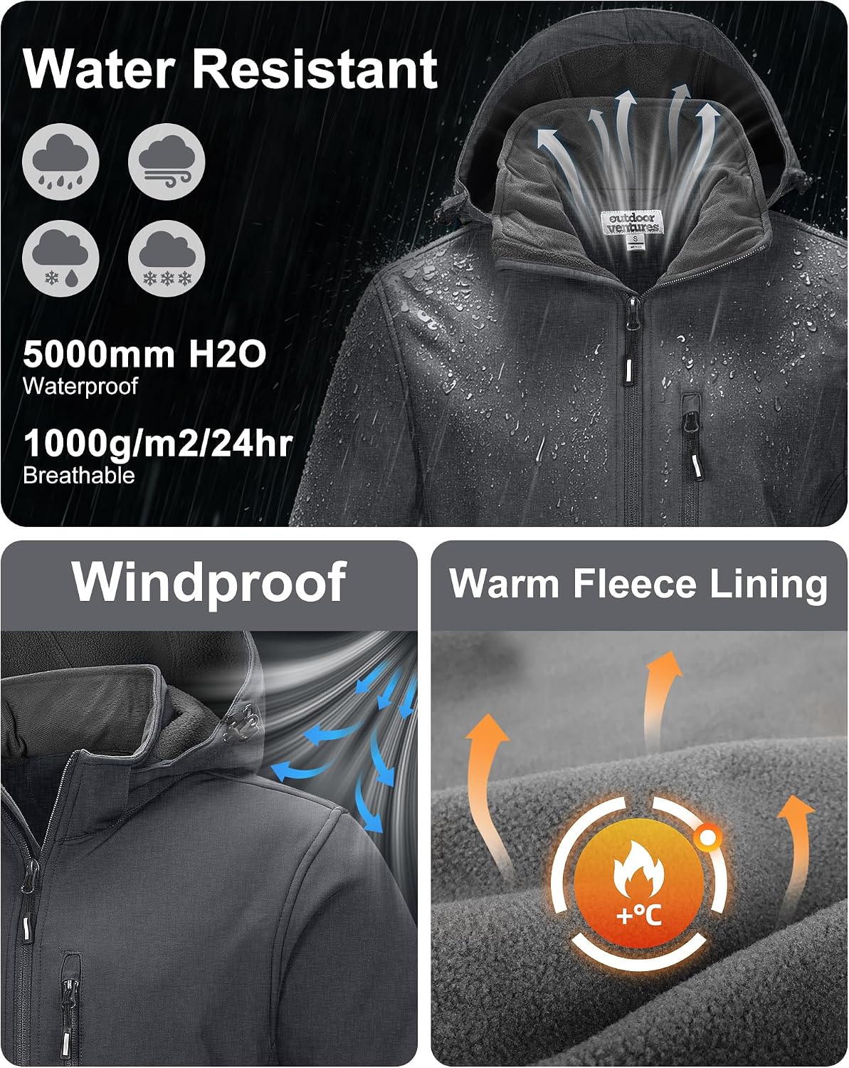 Outdoor Ventures Men's Softshell Jacket Waterproof Fleece Rain Shell Coat